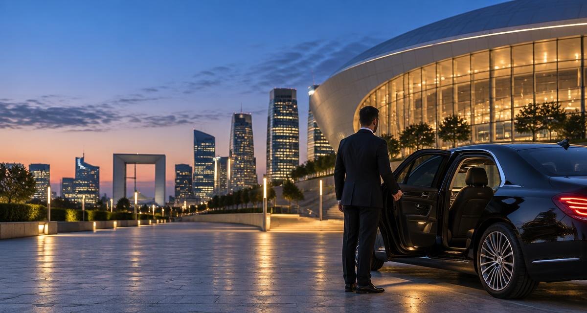 Private chauffeur beside a luxury vehicle near Plenitude Arena in Nanterre