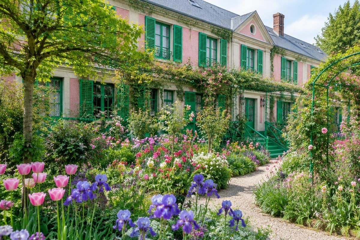 Maison rose aux volets verts de Claude Monet et son jardin fleuri à Giverny