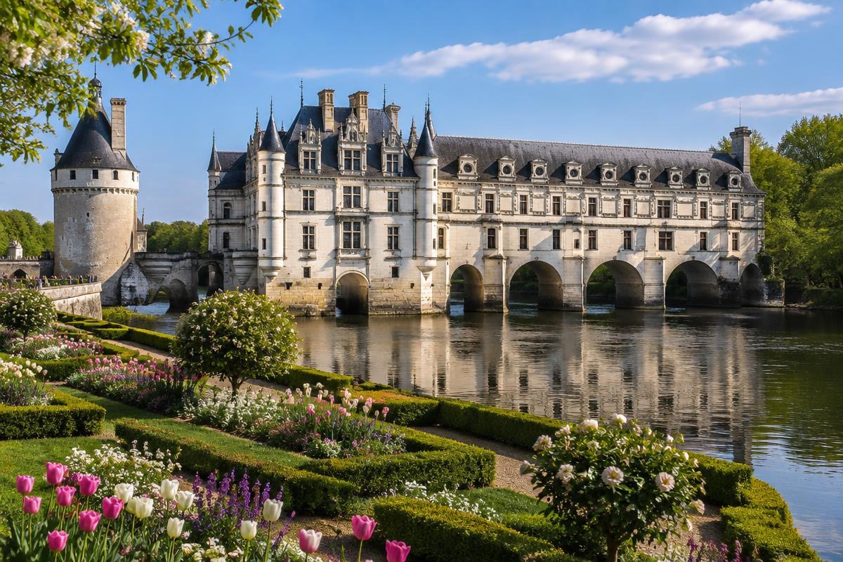 Château de Chenonceau et ses arches au-dessus du Cher, jardins fleuris