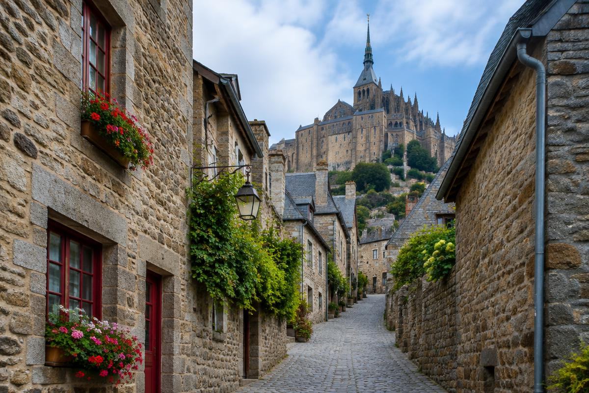Grande Rue pavée du village médiéval du Mont-Saint-Michel montant vers l'abbaye