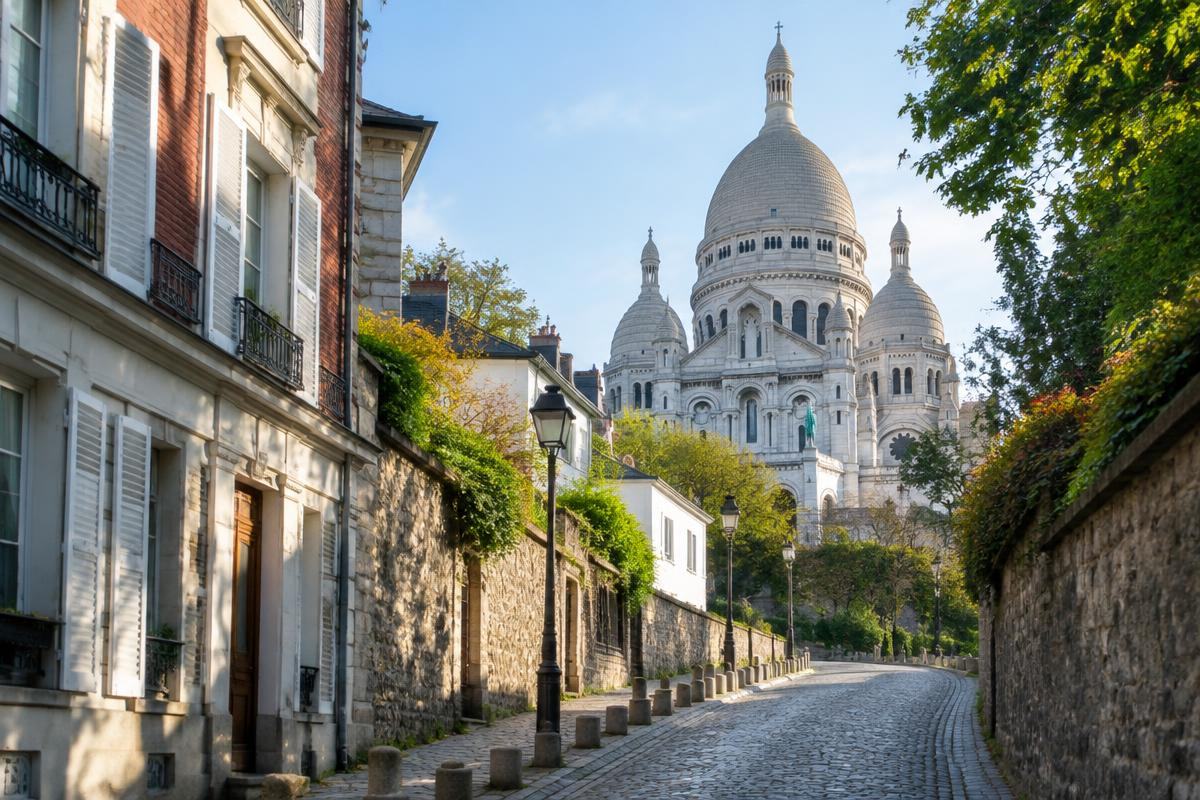 Basilique du Sacré-Cœur vue depuis une rue pavée de Montmartre