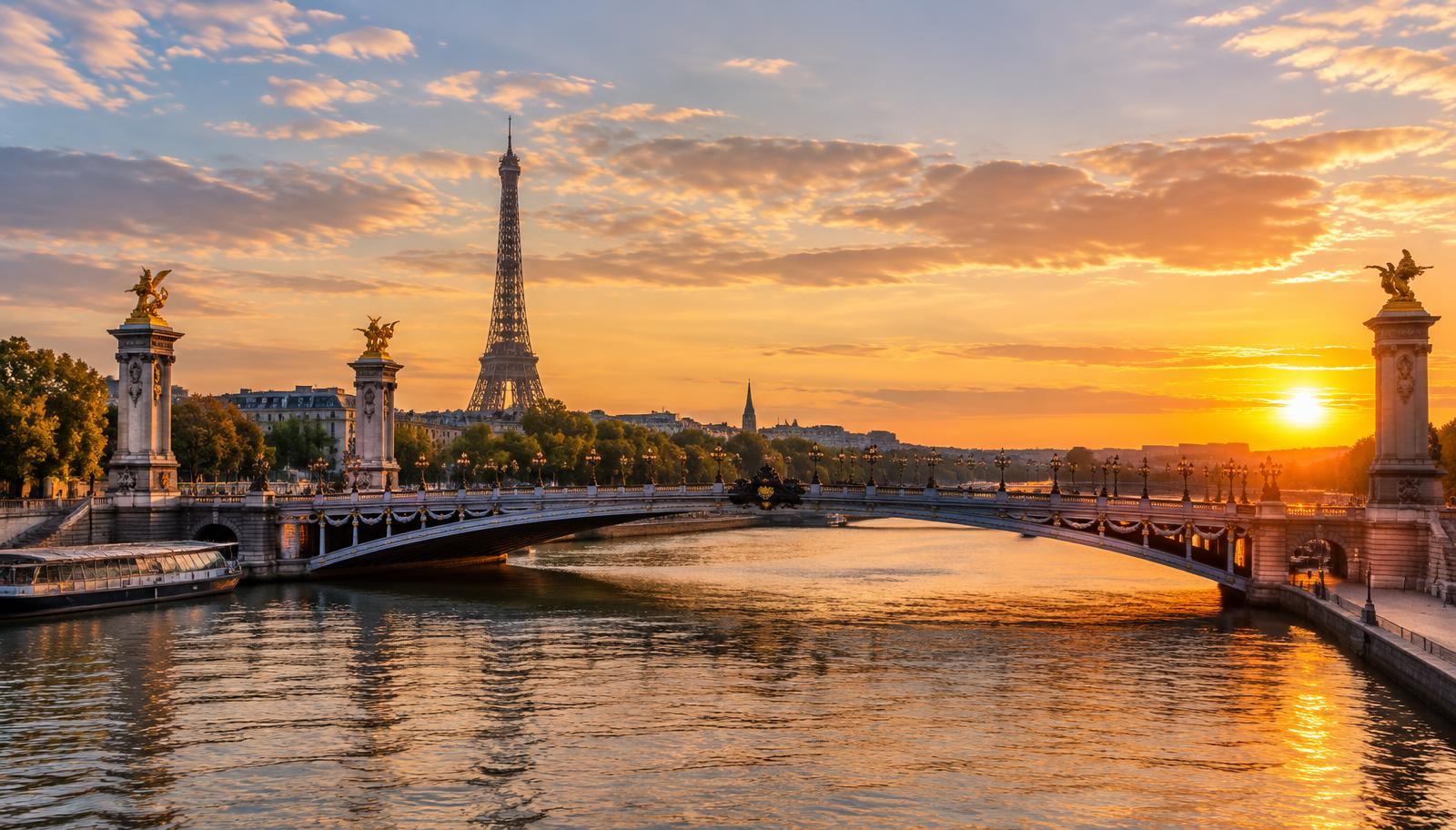 Tour Eiffel et pont Alexandre III au coucher du soleil sur la Seine à Paris