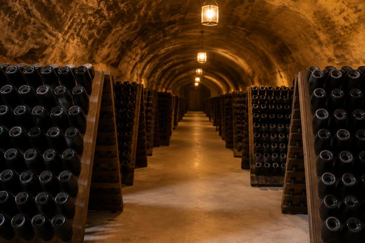 Cave de craie d'une maison de Champagne avec bouteilles sur pupitres