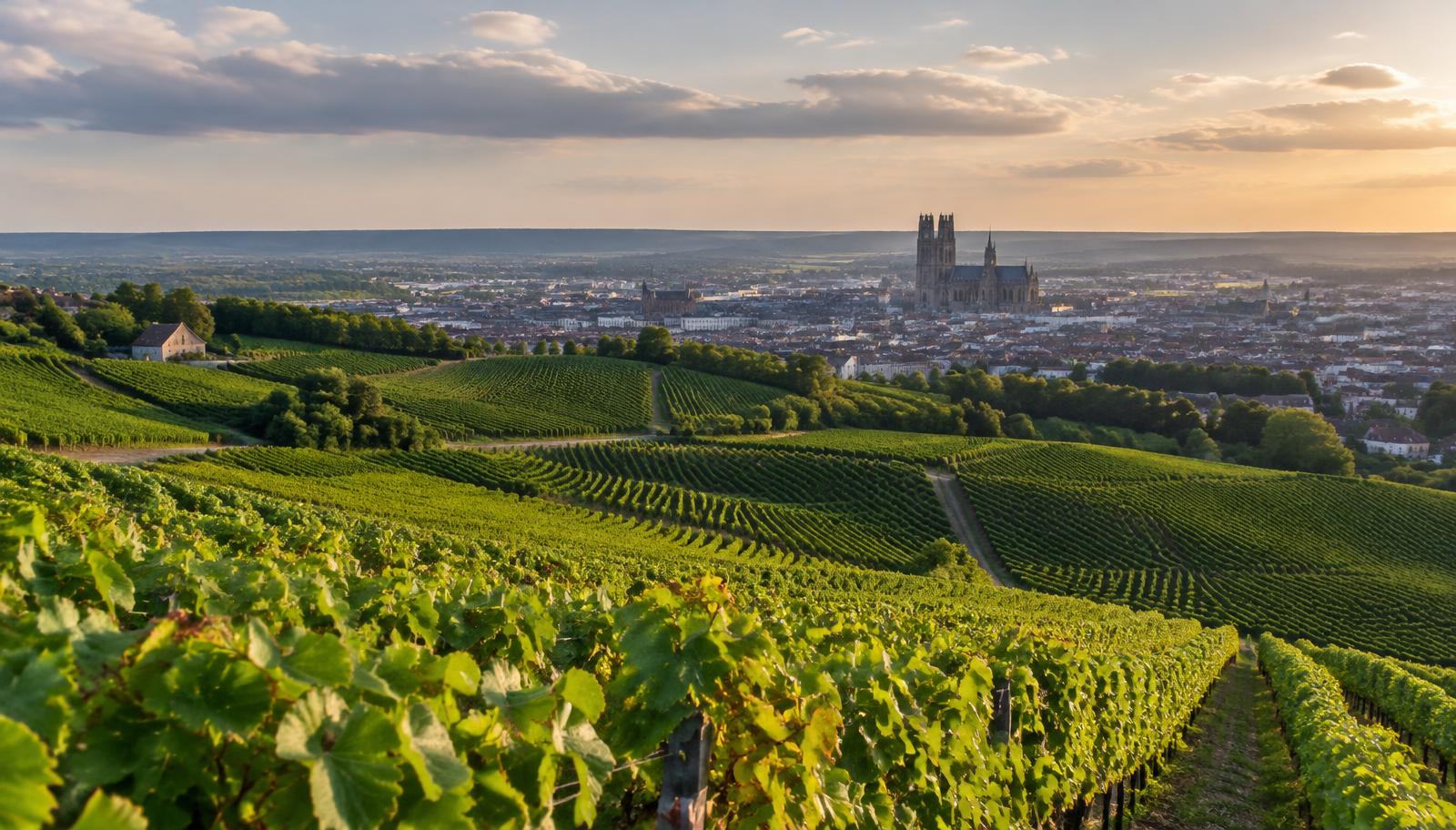 Vignobles de la Montagne de Reims avec la cathédrale de Reims à l'horizon